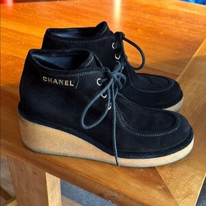 Chanel Women’s Black Suede Wedge Ankle Chukka Boots with gum sole size 38